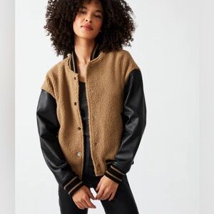 NEW Steve Madden Florence Bomber Jacket Faux Leather Teddy Sherpa Varsity Snap M
